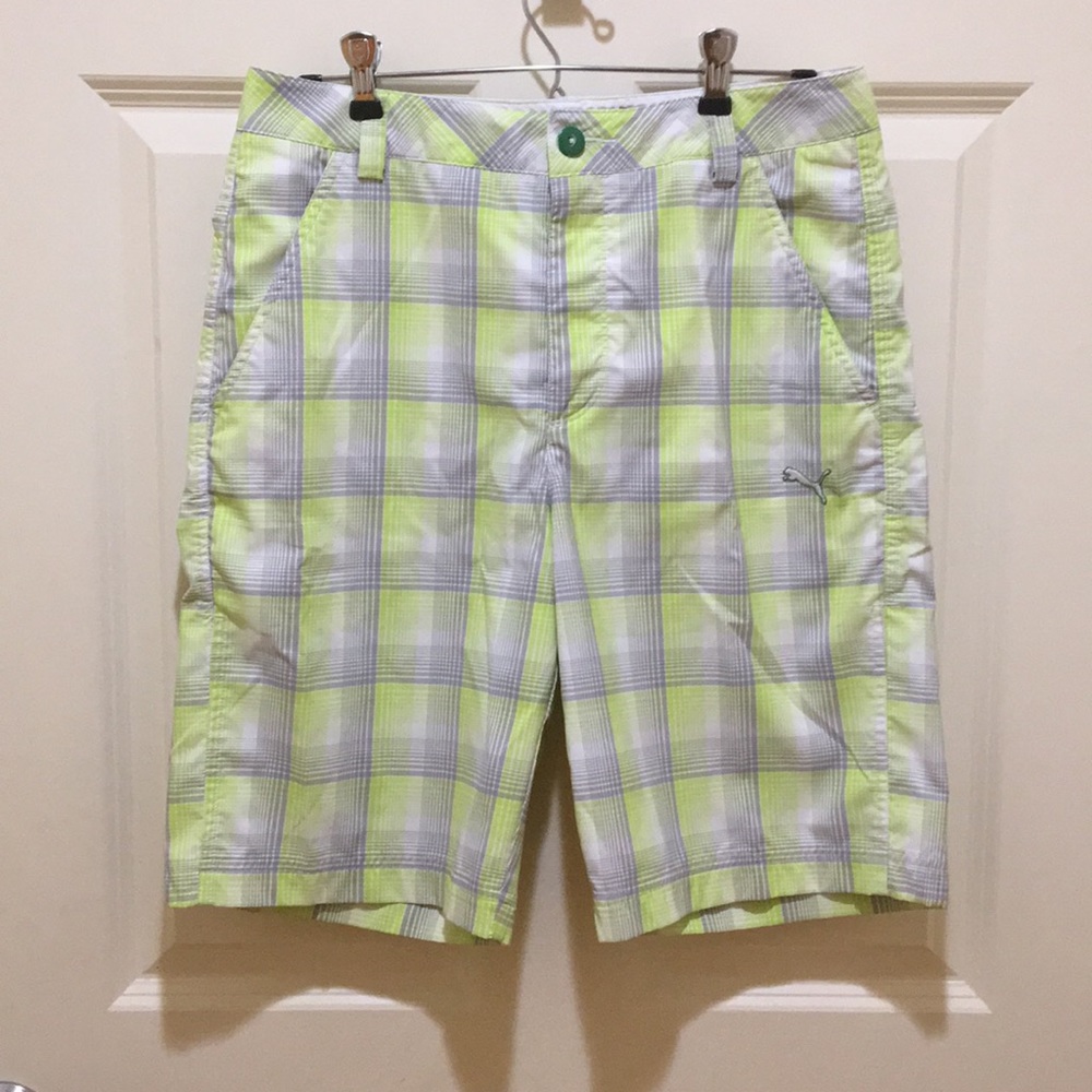 Puma Golf Shorts Size 30. Neon Green Plaid